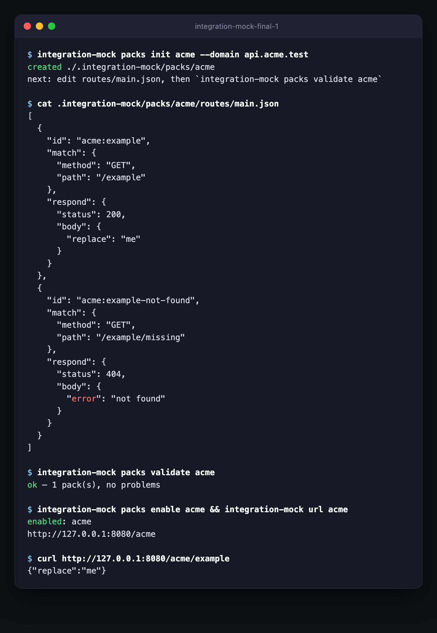 Writing a pack in four commands: init, the generated routes file, validate, curl