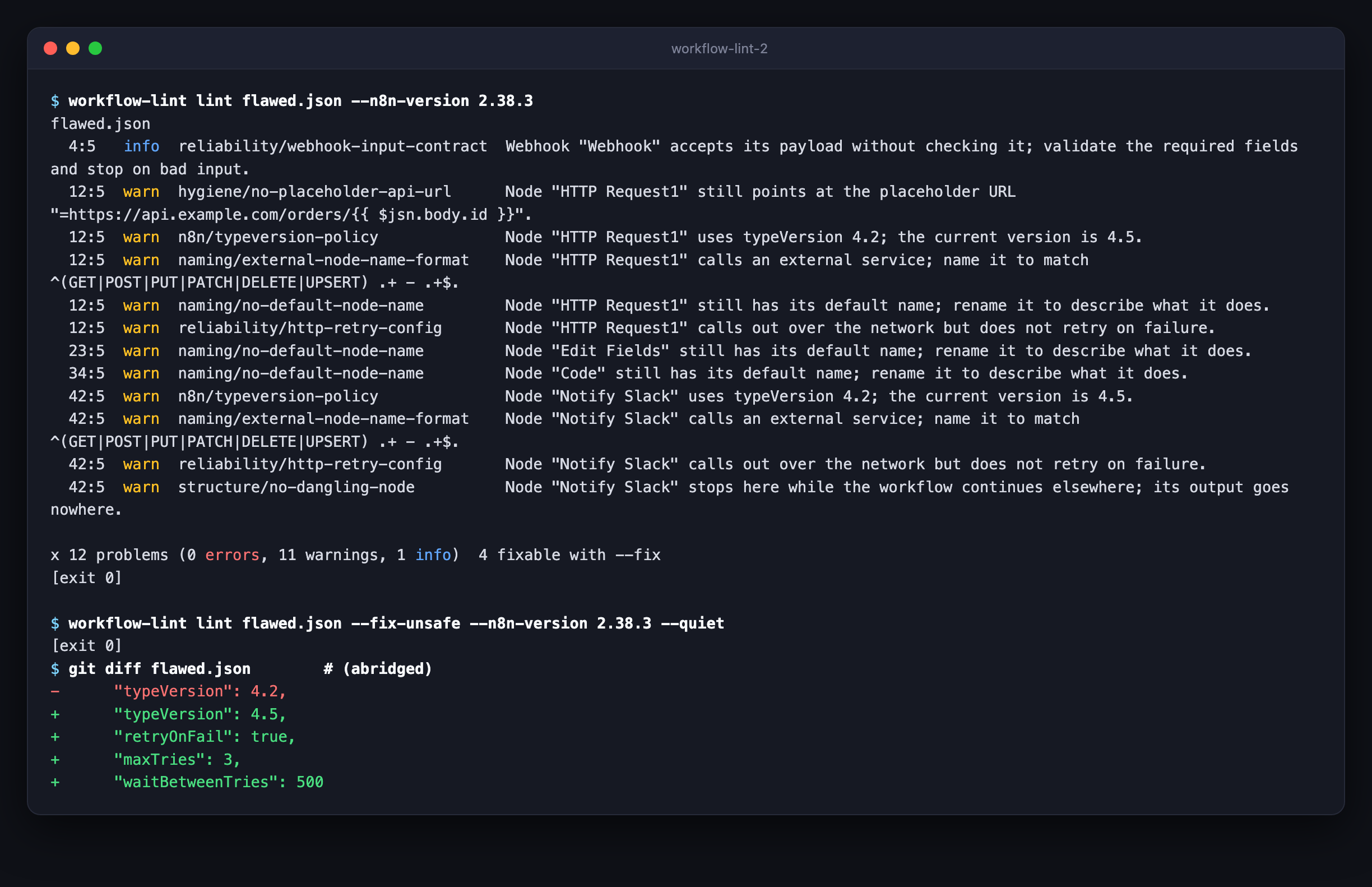 Linting a workflow against a pinned n8n version, then the --fix-unsafe diff